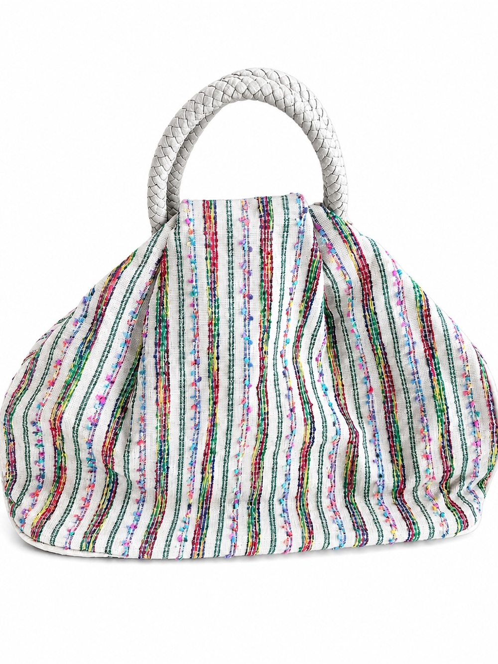 Boho Woven Fabric & Cream Faux Leather Satchel Handbag with Braided Handles